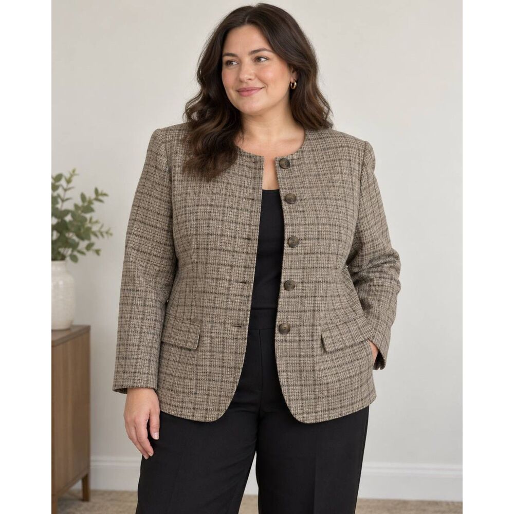 Vintage Rena Rowan 16W Wool Blend Plaid Blazer Structured Padded Shoulders.